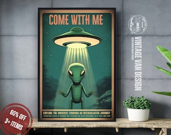 Retro Alien UFO Poster – Vintage Space Art Print (Digital Download)