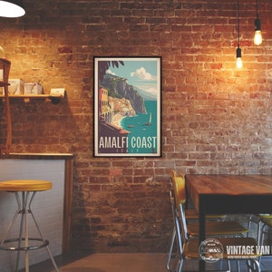 May include: A vintage travel poster with a retro design featuring a colorful illustration of the Amalfi Coast in Italy. The poster has the text "Amalfi Coast Italy" at the bottom.