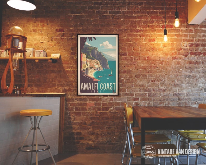 May include: A vintage travel poster with a retro design featuring a colorful illustration of the Amalfi Coast in Italy. The poster has the text "Amalfi Coast Italy" at the bottom.