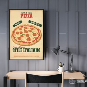 May include: A framed vintage-style Italian pizza poster. The poster features a detailed illustration of a pizza with salami and margherita toppings. Text includes "FATTO IN CASA PIZZA" and "STILE ITALIANO". The poster is displayed on a gray wall above a wooden desk.