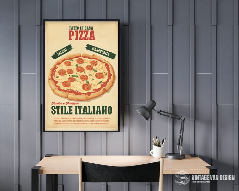 May include: A framed vintage-style Italian pizza poster. The poster features a detailed illustration of a pizza with salami and margherita toppings. Text includes "FATTO IN CASA PIZZA" and "STILE ITALIANO". The poster is displayed on a gray wall above a wooden desk.