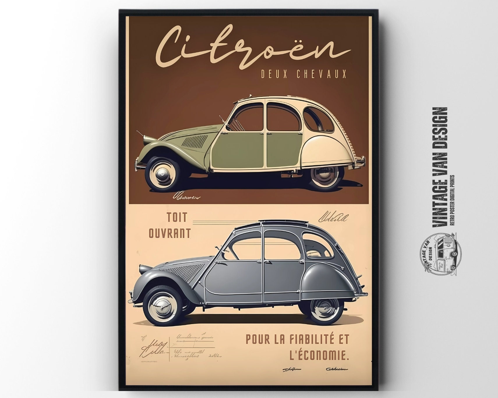 Citroen 2CV Vintage Travel Poster: Retro French Car Art (digital