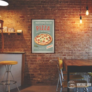 May include: A vintage style poster advertising pizza. The poster has a blue background with a red and white border. The text on the poster reads "Traditional Italian Pizza Fresh and Delicious." There is a picture of a pizza with pepperoni, mushrooms, and green peppers on top. The text "Buon appetito!" is at the bottom of the poster.