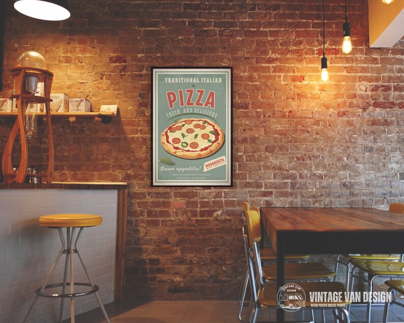 May include: A vintage style poster advertising pizza. The poster has a blue background with a red and white border. The text on the poster reads "Traditional Italian Pizza Fresh and Delicious." There is a picture of a pizza with pepperoni, mushrooms, and green peppers on top. The text "Buon appetito!" is at the bottom of the poster.