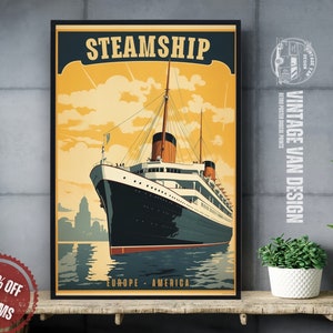 Retro Steamship Advertisement Print I Vintage Cruise ship Travel Poster I Printable Nautical wall art for captain Nostalgic Digital Download