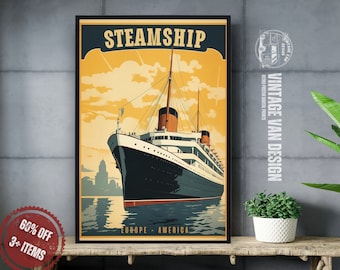 Póster retro de viaje en barco de vapor: Arte náutico vintage (descarga digital)