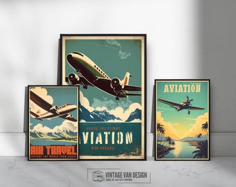 May include: Three vintage travel posters featuring airplanes. The top poster is blue and green with a white airplane flying over mountains. The middle poster is blue and green with a white airplane flying over mountains. The bottom poster is yellow and green with a white airplane flying over a river.