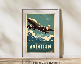 Vintage Airplane Travel Poster – Retro Aviation Art Print – Digital Download Wall Art