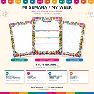 May include: A bilingual weekly planner bundle featuring three printable pages with vibrant floral and cactus borders. The set includes a weekly schedule, a blank page, and a ruled page, all labeled with the text MI SEMANA / MY WEEK and 8.5 x 11 in.