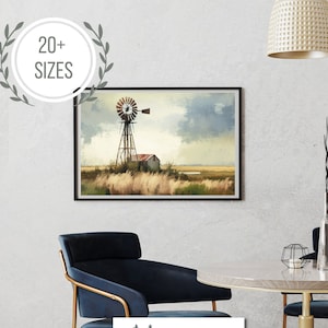 Rustic Windmill Art Vintage Painting Farmhouse Decor Farm Landscape Painting Digital Gallery Art Wall Decor Instant Download Printable Art