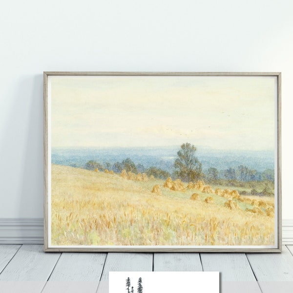 Harvest Fields Hay Meadow Vintage Watercolor Landscape Digital Download Printable Farm English Countryside Art 18th Century Westerham Kent