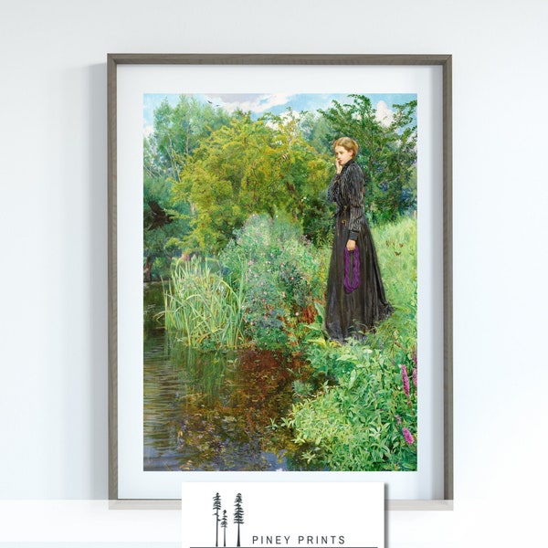 Lady of the Pond Vintage Painted Pre-Ralphaelite Art Digital Download Nature Garden Meadow Home Decor 20th Century Painting Female Printable
