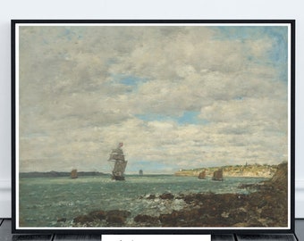 Coast of Brittany Vintage Painted Landscape Digital Art Download Coastal Home Nature Decor Nautical Seascape Printable Sailboat Oil Painting