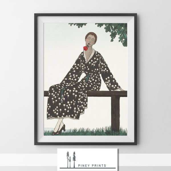 Lady in Kimono with Rose Vintage Art Deco Illustration Digital Download Home Decor 20th Century Clothing Fashionable 1920s Female Printable