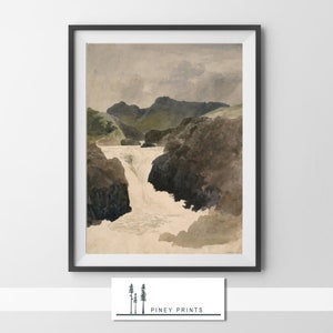 Vintage Wasserfall gemalt Fluss Landschaft Kunst digitaler Download Aquarell Englisch Berge Natur Wohnkultur 19.Jahrhundert druckbare Kunstwerk
