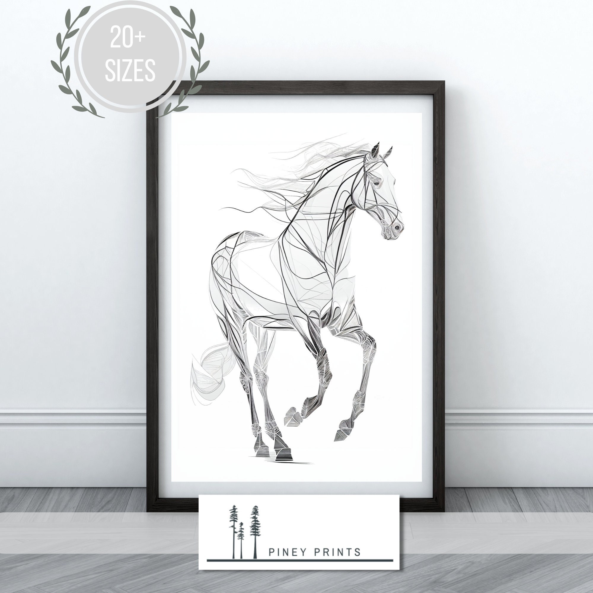 Minimalist Abstract Horse Sketch Black and White Drawing Modern Digital ...