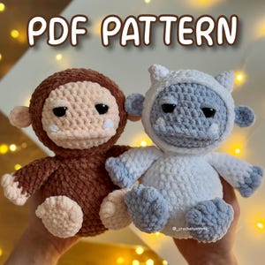 May include: Two handmade crochet plush toys, one brown and one white and blue, are held up. The brown toy resembles a monkey, and the white and blue toy looks like a yeti. The text "PDF PATTERN" is at the top.