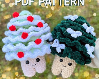 May include: Two crocheted Christmas tree ornaments with smiling faces. One tree is green with white snowflakes and the other is green and white with red berries.