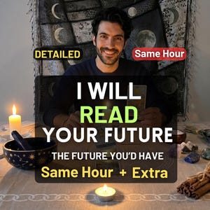Könnte beinhalten: Eine Person sitzt an einem Tisch mit Kerzen, einer Schale, Kristallen und Zimtstangen. Textüberlagerung: DETAILED, Same Hour, I WILL READ YOUR FUTURE, THE FUTURE YOU'D HAVE, Same Hour + Extra. Ein Mondphasen-Wandteppich hängt im Hintergrund.