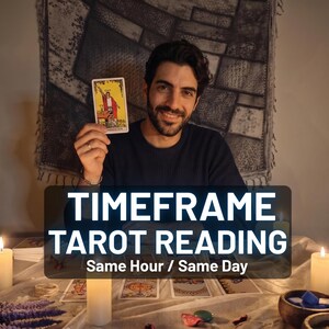 May include: A person holding a tarot card with a yellow background and a red figure. The image includes the text "TIMEFRAME TAROT READING Same Hour / Same Day" and lit candles on a table with other tarot cards.