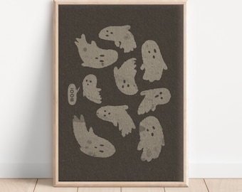 Estampa de fantasma fofa, decoração de outono, arte de parede de fantasma da moda, pintura de fantasma, pôster de Halloween, arte de parede assustadora, preto e branco