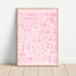 May include: A vintage illustration of various seashells in pink and white. The illustration is framed in a light wood frame.
