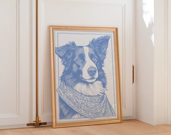 Blue Willow Border Collie Wall Art Dog Drawxing Dog Portrait Coastal Granddaughter Room Decor Light Delft Blue Wall Art Watercolor Painting