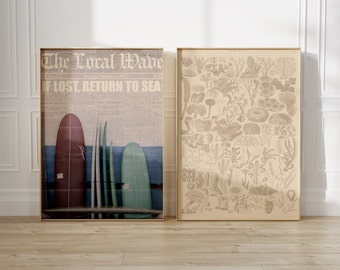 Coastal Cowgirl Surfboard & Coral Prints: Beachy Newspaper Art (Digital Download)