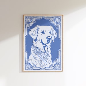 Blue Willow Golden Retriever Print Dog Drawing Dog Portrait Coastal Granddaughter Room Decor Light Delft Blue Wall Art Watercolor Painting
