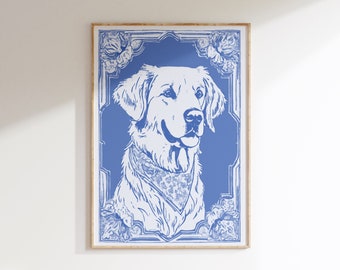 May include: A framed print of a white dog with a blue bandana, set against a blue background with white floral accents. The dog is looking directly at the viewer.
