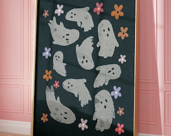 Fantasma bonito impressão outono decoração na moda fantasma arte da parede pintura fantasma cartaz de halloween impressão assustador arte da parede preto e branco