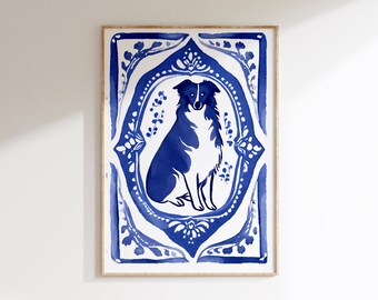 Blue Willow Border Collie Print: Delft Blue Dog Portrait (Digital Download)