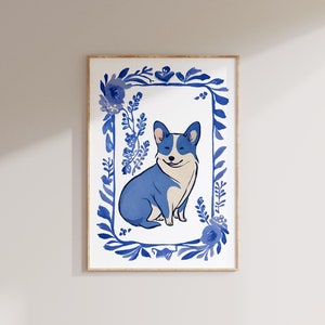 Blue Willow Corgi Print: Portret psa w akwareli w stylu nadmorskim (pobranie cyfrowe)