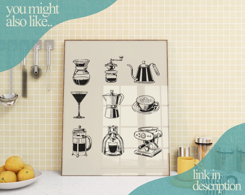 set of 8 kitchen prints, coffee print set, fork spoon... Retro Coffee Print Set: Black and Beige Kitchen Cafe Decor (digital ...