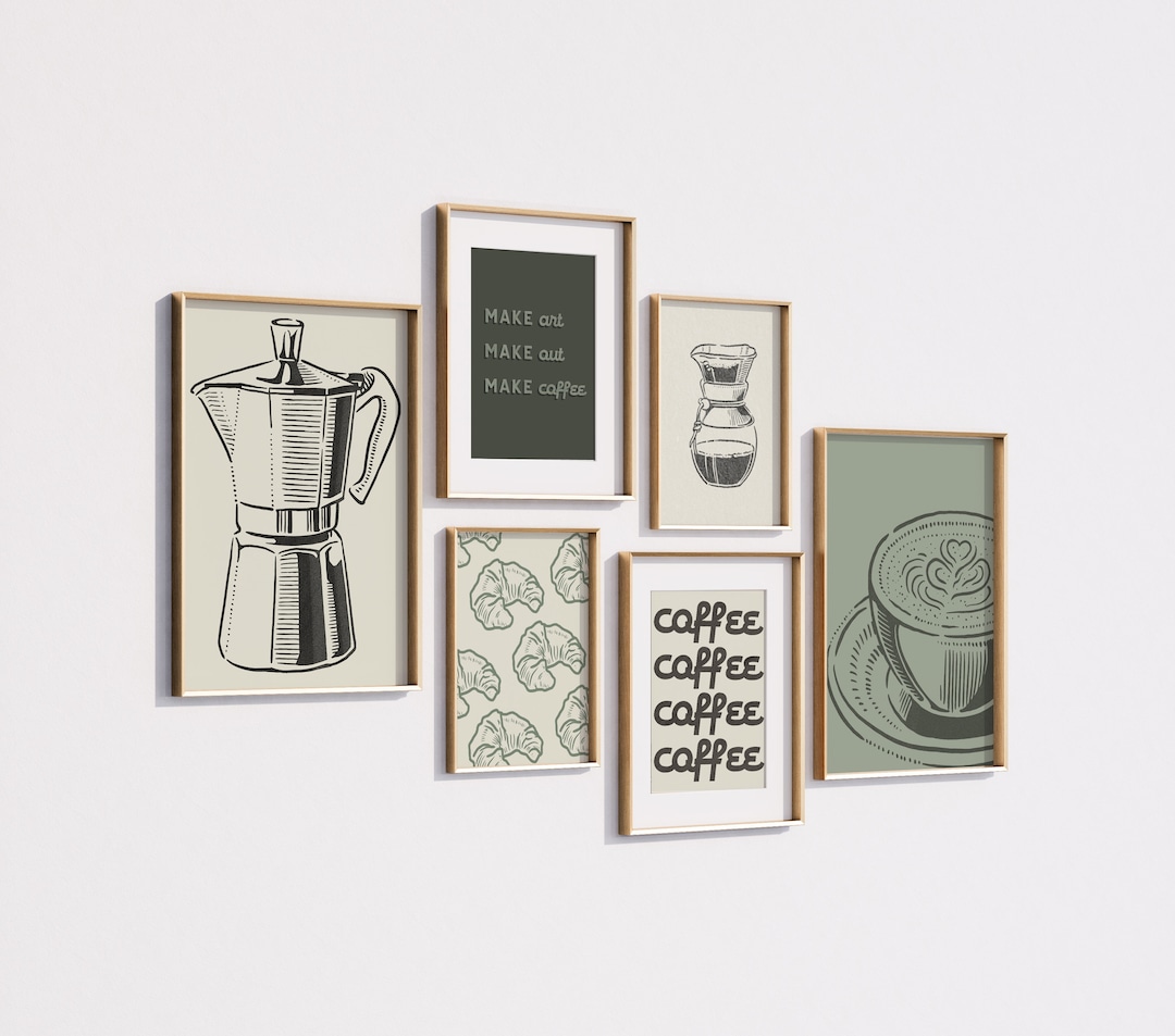 set of 6 kitchen prints coffee print set kitchen art... Retro Coffee Print Set: Neutral Kitchen Cafe Wall Art (digital Download ...