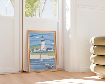 Nantucket Harbor Watercolor Painting: Coastal Lighthouse Art (Digital Download)