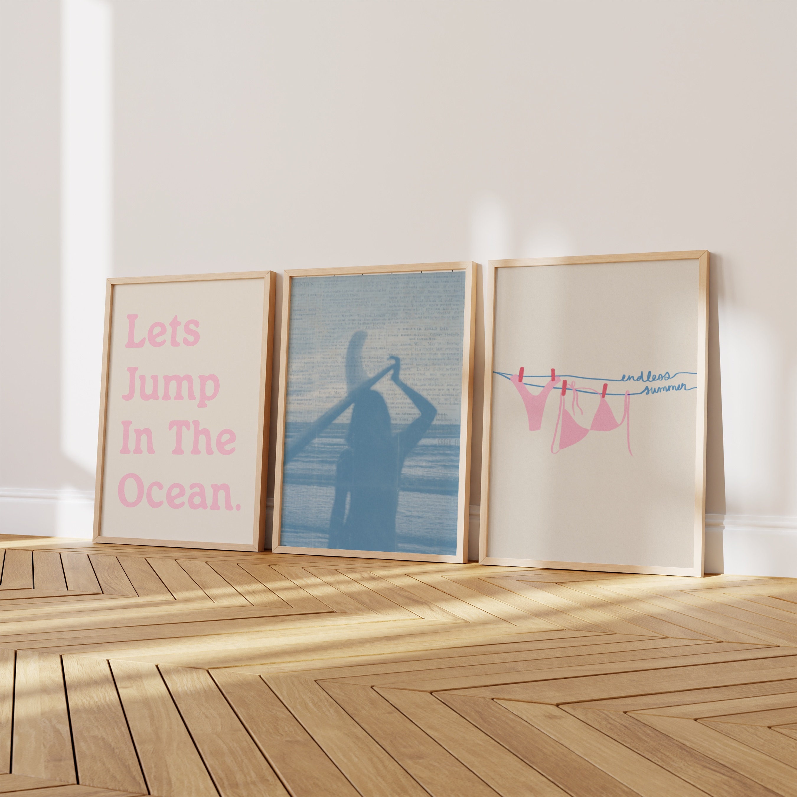 Let’s Jump in the Ocean Set of 3 Prints Pink and Light Blue Coastal Print Beachy Wall Art Surfer Poster Aesthetic Trendy Printable Wall Art