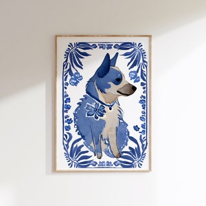 Grafika z psem rasy Blue Heeler: Delft Blue – akwarela ścienna (do pobrania cyfrowego)