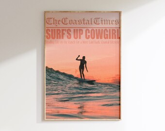 Coastal Cowgirl Surfer Newspaper Print: Pink Wall Art (Digital Print)