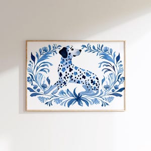 ブルーウィローダルメシアン水彩画：海岸沿いの孫娘の部屋の装飾（デジタルダウンロード）