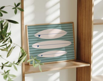 Surfboard Art Print: Blue Striped Coastal Surfboard Poster (Digital Download)