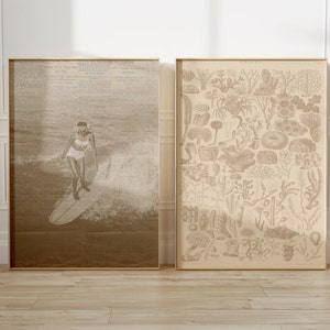 Coastal Gallery Wall Collage Beige Neutral Print Zeitung Surfbrett Wandkunst Boho Beachy Studentenwohnheim Trendy East Coast Wandkunst
