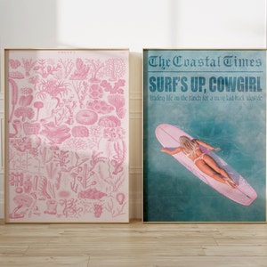 Coastal Cowgirl Set of 2 Prints Preppy Room Decor Newspaper Print Western Pink Wall Art Newspaper Poster Aesthetic Trendy Printable Wall Art