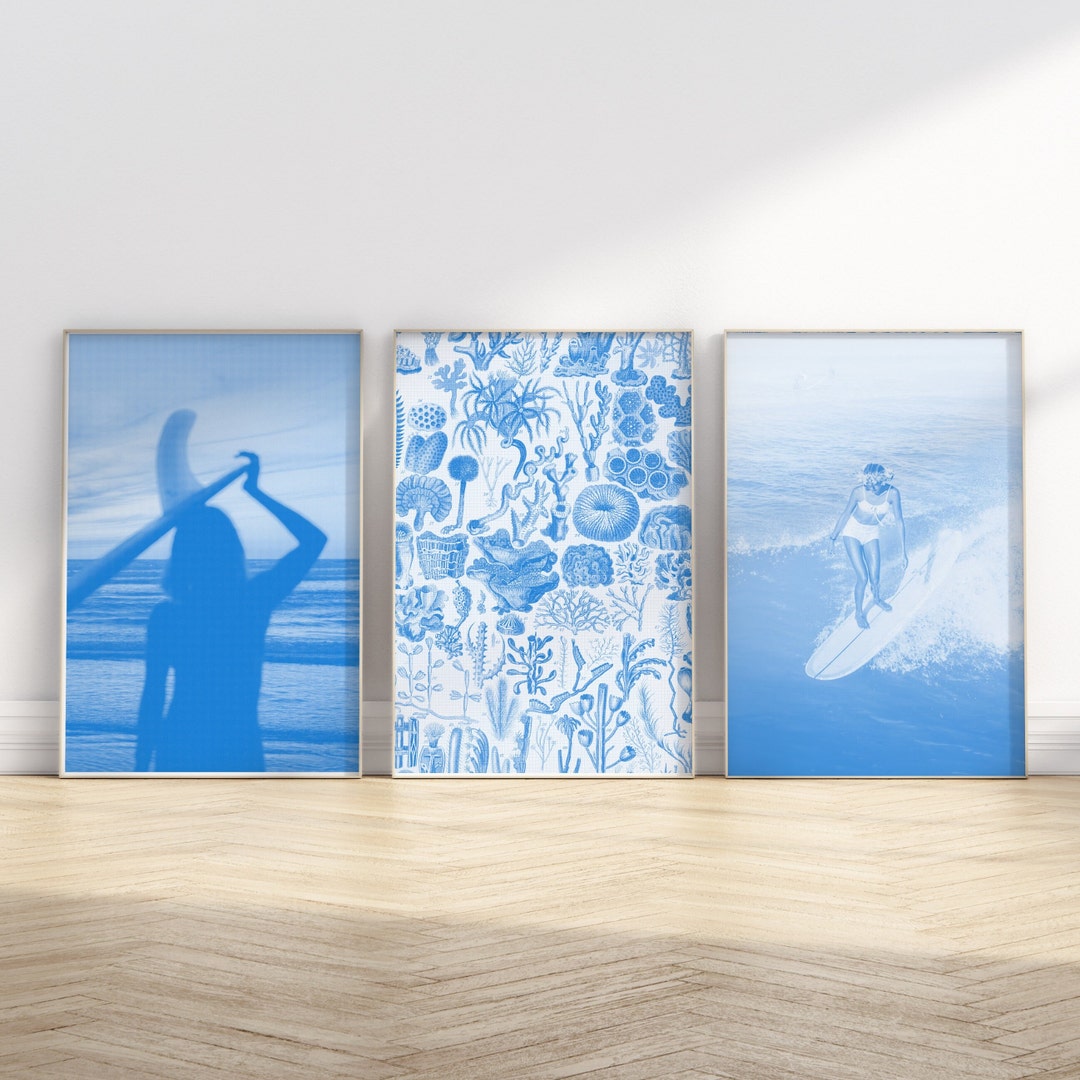 Blue Coastal Wall Art Set of Three Blue Prints Beach Wall Art Coastal