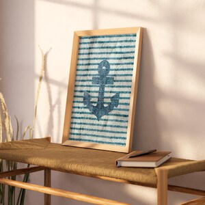 Anchor Print Striped Coastal Wall Art Nautical Decor Fisherman Aesthetic Poster Beach House Artwork Beachy Blue Wall Art Digital Download