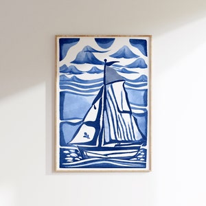 Blue Delft Sailboat Watercolor Print: Coastal Nautical Art (Digital Download)