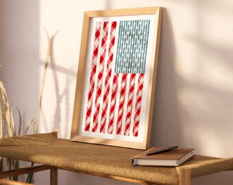 Denim American Flag Print: Blue Coastal Gingham Wall Art (Digital Download)
