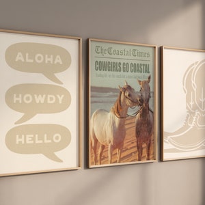 Coastal Cowgirl Set of 3 Prints Neutral Blue Print Newspaper Print Western Wall Art Newspaper Poster Aesthetic Trendy Printable Wall Art