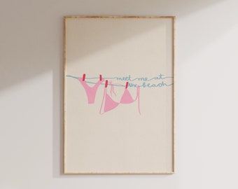 Meet Me at The Beach Print Pink Coastal Cowgirl Wall Art Poster Blue Coastal Granddaughter Decor Aesthetic Trendy Prints Printable Wall Art