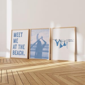 Meet Me At The Beach Set of 3 Prints White and Light Blue Coastal Print Beachy Wall Art Surfer Poster Aesthetic Trendy Printable Wall Art